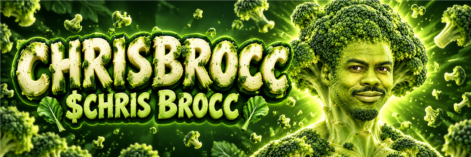 CHRISBROCC, the broccoli-headed character, in a bright green token banner
